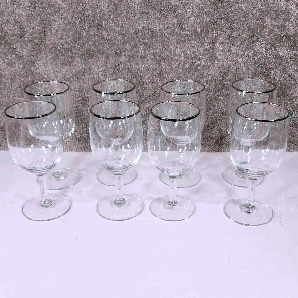 Silver Rim Wine‎ Glass Clear Elegant Stemware Set of 8